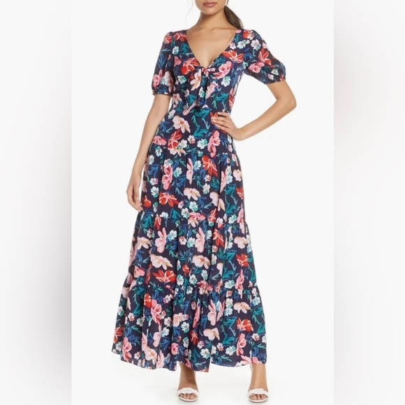 Eliza J Floral Print V Neck Tie Front Maxi Dress Navy Size 10 - Picture 1 of 13